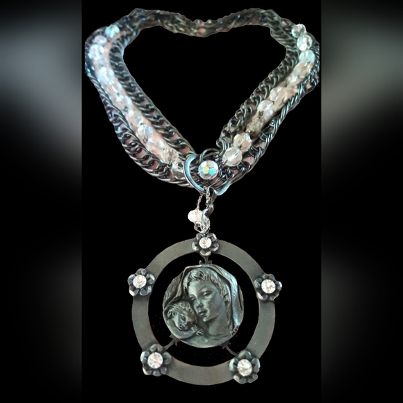 Vtg 60s Italy pewter Mary baby jesus Swarovski beads chunky chain necklace NWT - Picture 15 of 16